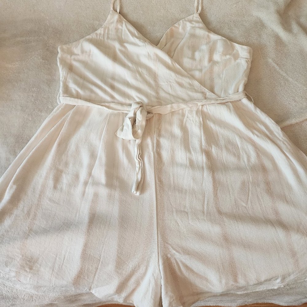 White Romper with Tan Pin Stripes